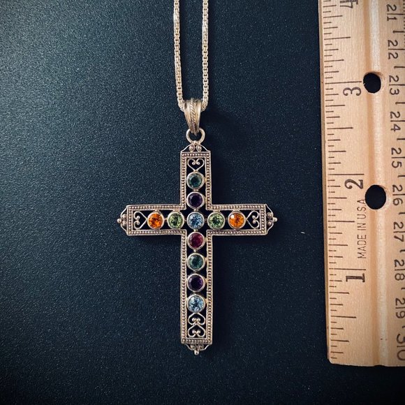 Nicky Butler Multi-gem, Sterling Silver Filigree Cross Pendant & SS Chain - Picture 5 of 5